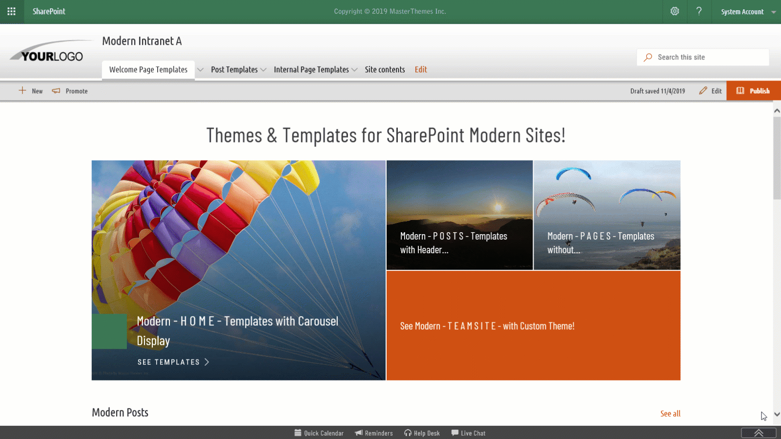 Take a tour of our theming solutions and templates for modern SharePoint Online, Office 365, and SharePoint On-Premises. Learn more about sharepoint, sharepoint online, modern sharepoint, sharepoint o365, sharepoint office365, intranet templates, sharepoint intranet templates, office365, sharepoint site designs, sharepoint templates, sharepoint themes, modern templates, communication templates, modern themes, SPFx templates, sharepoint 2019 themes, custom themes, templates, responsive themes, responsive design, theme, themes, custom themes, masterpage, masterpages, master pages, sharepoint layouts, and sharepoint branding.